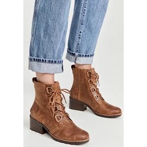 Sorel Cate Womens 10 Lace Up Ankle Boots Brown Leather Block Heel Winter Snow